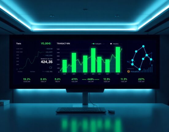 Digital dashboard showing on-chain gambling transaction volume charts and cryptocurrency data