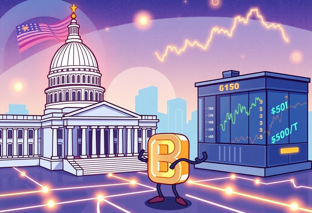 A cartoon image illustrating the secure flow of on-chain macroeconomic data from a government building to various blockchain networks, powered by Chainlink.