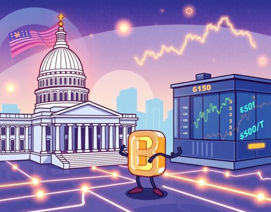 A cartoon image illustrating the secure flow of on-chain macroeconomic data from a government building to various blockchain networks, powered by Chainlink.