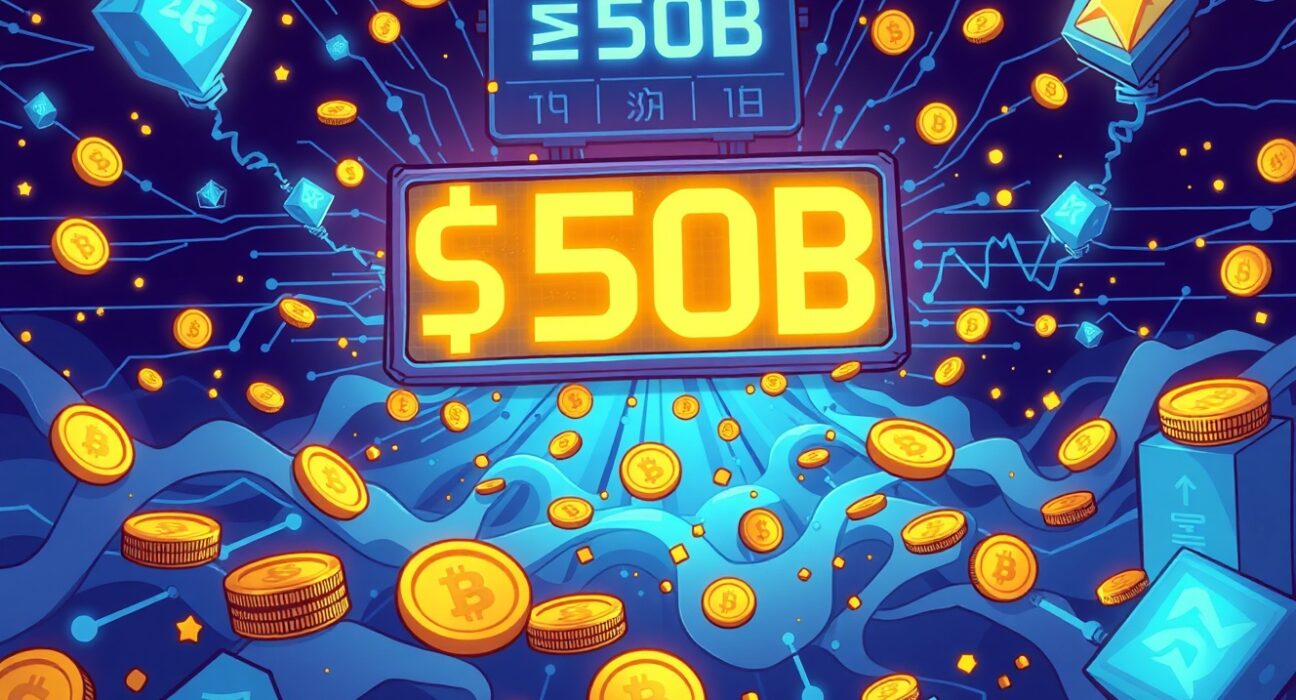 Cartoon illustration showing a surge in on-chain perpetual futures trading volume, highlighting the record-breaking $50B milestone.