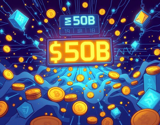 Cartoon illustration showing a surge in on-chain perpetual futures trading volume, highlighting the record-breaking $50B milestone.