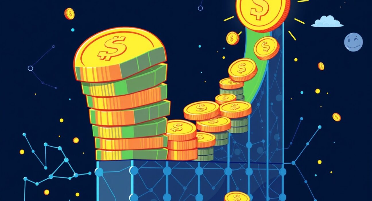 A cartoon illustration showing the significant growth of on-chain revenue, symbolizing the increasing financial activity and utility within the blockchain ecosystem.