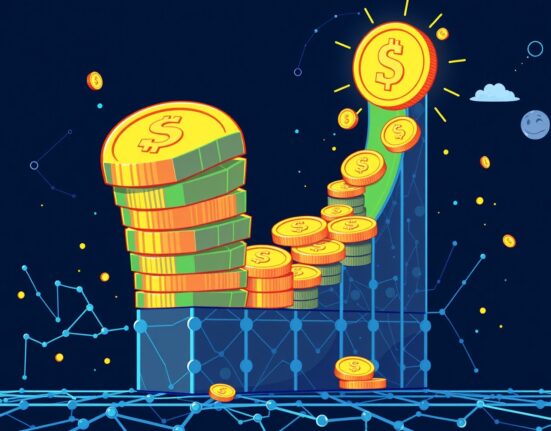 A cartoon illustration showing the significant growth of on-chain revenue, symbolizing the increasing financial activity and utility within the blockchain ecosystem.