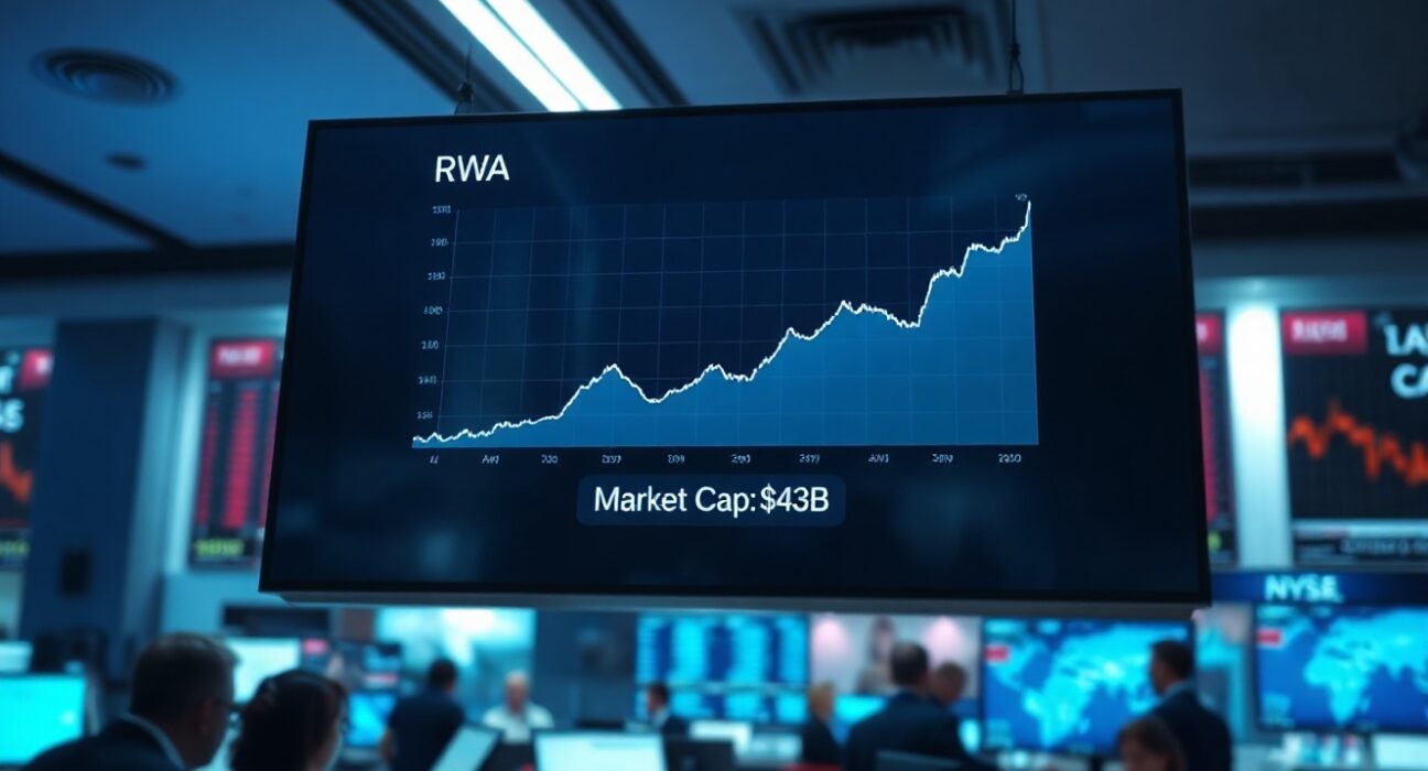 Financial dashboard showing RWA market cap chart with upward trend in a professional trading floor setting
