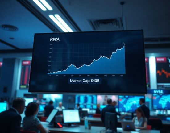 Financial dashboard showing RWA market cap chart with upward trend in a professional trading floor setting