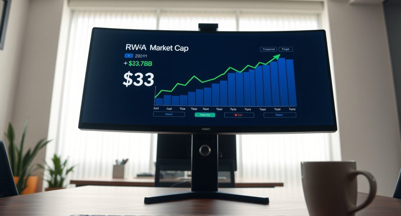 Financial dashboard showing on-chain RWA market cap reaching $33.7 billion all-time high with rising chart