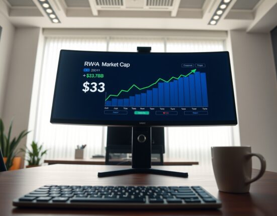Financial dashboard showing on-chain RWA market cap reaching $33.7 billion all-time high with rising chart
