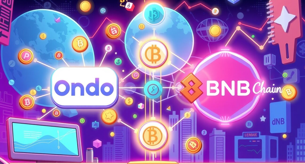 A cartoon illustration showing Ondo Global Markets connecting with the BNB Chain, symbolizing expanded access to tokenized securities.