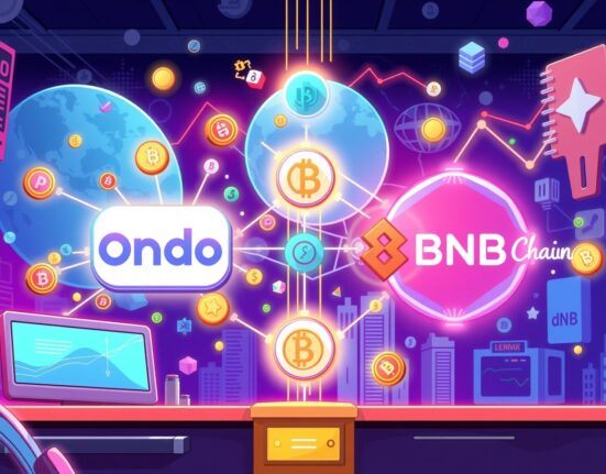 A cartoon illustration showing Ondo Global Markets connecting with the BNB Chain, symbolizing expanded access to tokenized securities.