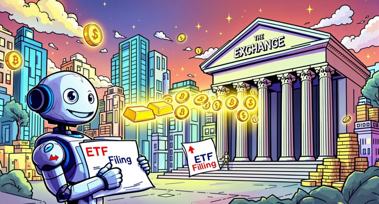 A cartoon illustration showing the convergence of digital assets and traditional finance, symbolizing the 21Shares Ondo ETF filing.