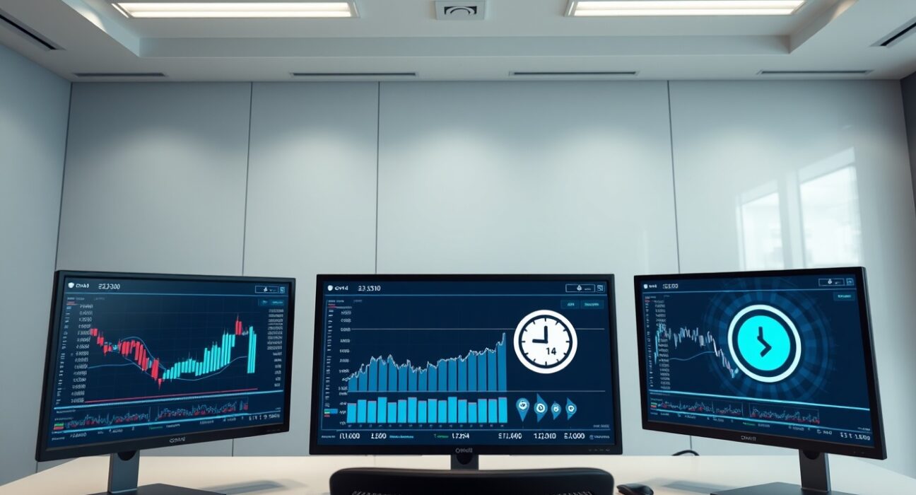 Modern trading desk with monitors showing blockchain and stock data, representing Ondo Finance's 24-hour tokenized asset issuance.
