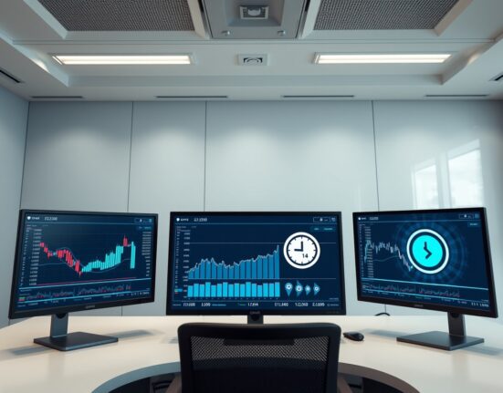 Modern trading desk with monitors showing blockchain and stock data, representing Ondo Finance's 24-hour tokenized asset issuance.