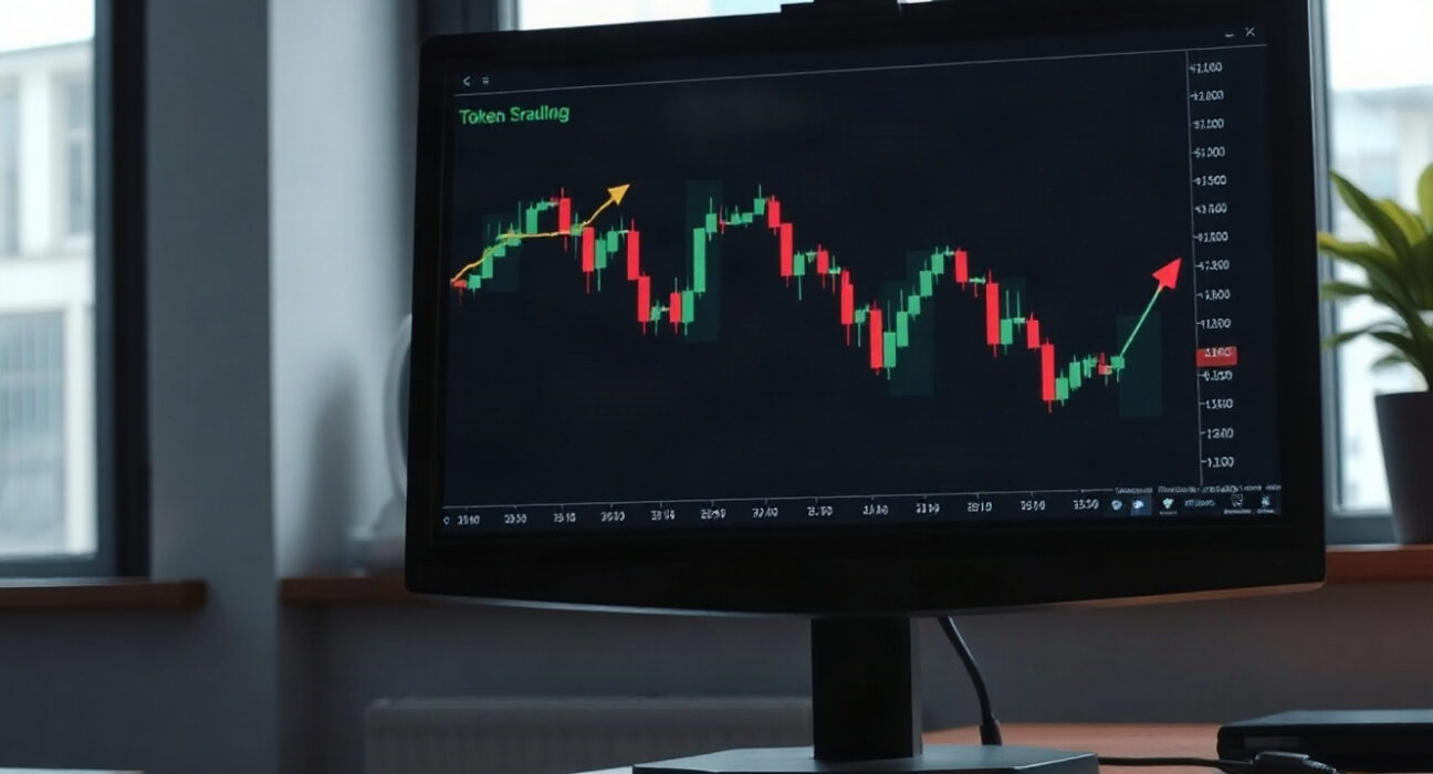 Cryptocurrency trading chart on a monitor showing a downward trend, symbolizing ONDO token sell-off.