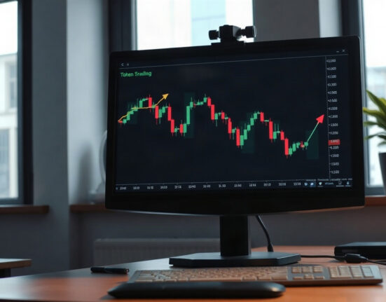 Cryptocurrency trading chart on a monitor showing a downward trend, symbolizing ONDO token sell-off.