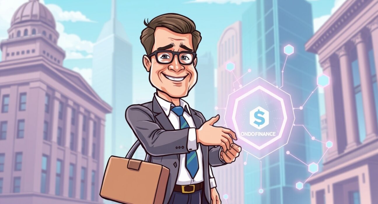 A cartoon image illustrating the strengthening of Ondo Finance compliance through the strategic hiring of a former SEC official, symbolizing increased trust in the crypto sector.