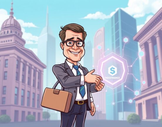 A cartoon image illustrating the strengthening of Ondo Finance compliance through the strategic hiring of a former SEC official, symbolizing increased trust in the crypto sector.