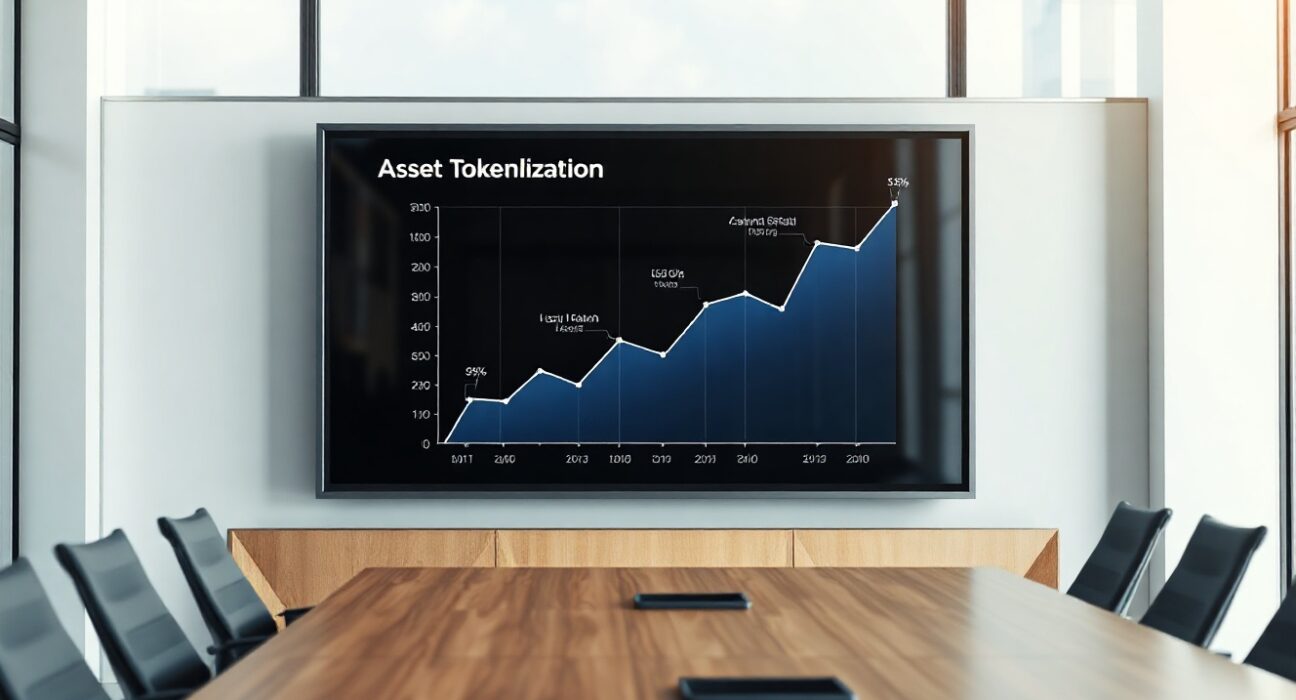 Modern boardroom with digital display showing asset tokenization growth charts
