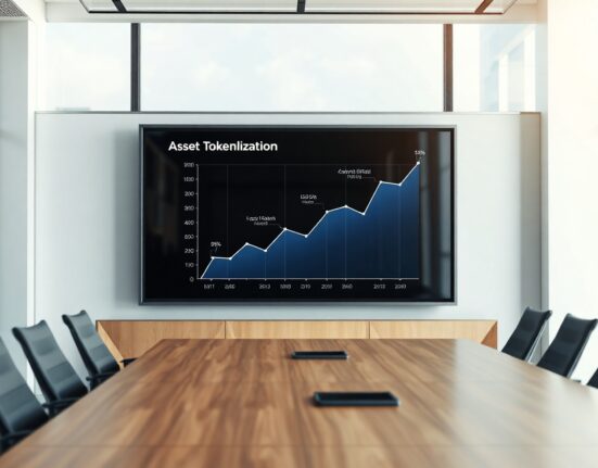 Modern boardroom with digital display showing asset tokenization growth charts
