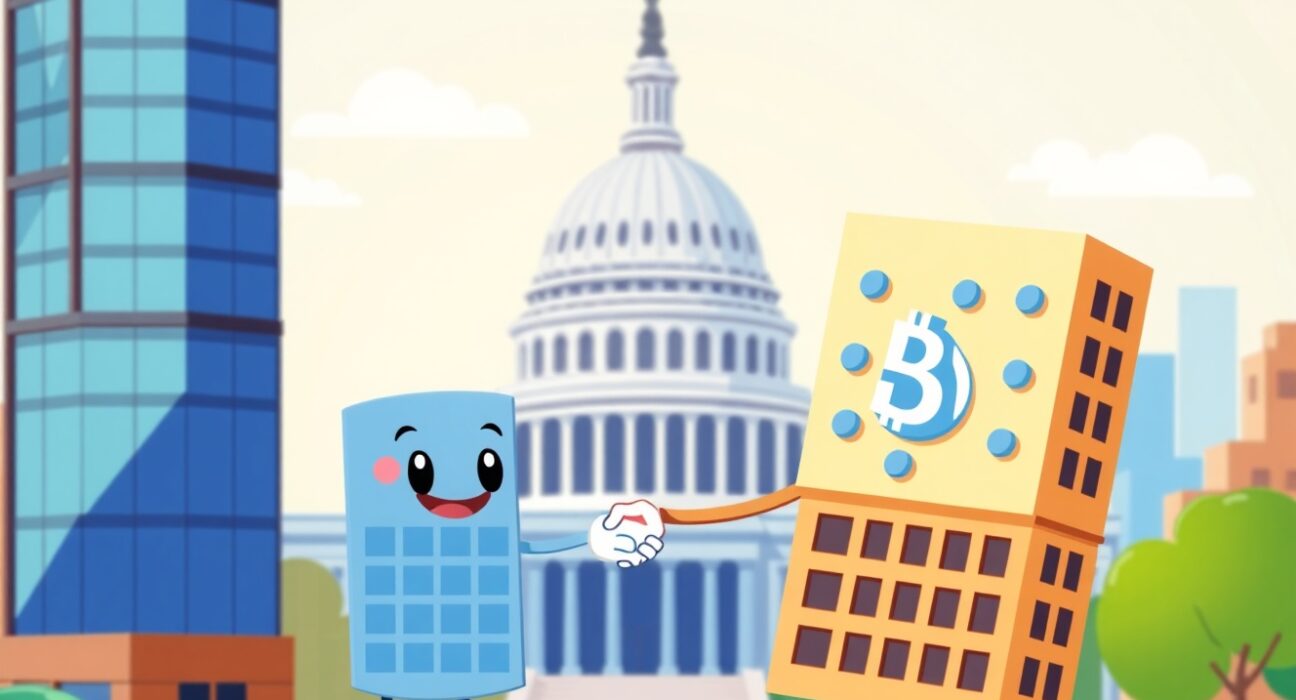 Ondo Finance joins the Blockchain Association in a collaborative cartoon scene symbolizing policy advocacy.