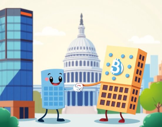 Ondo Finance joins the Blockchain Association in a collaborative cartoon scene symbolizing policy advocacy.