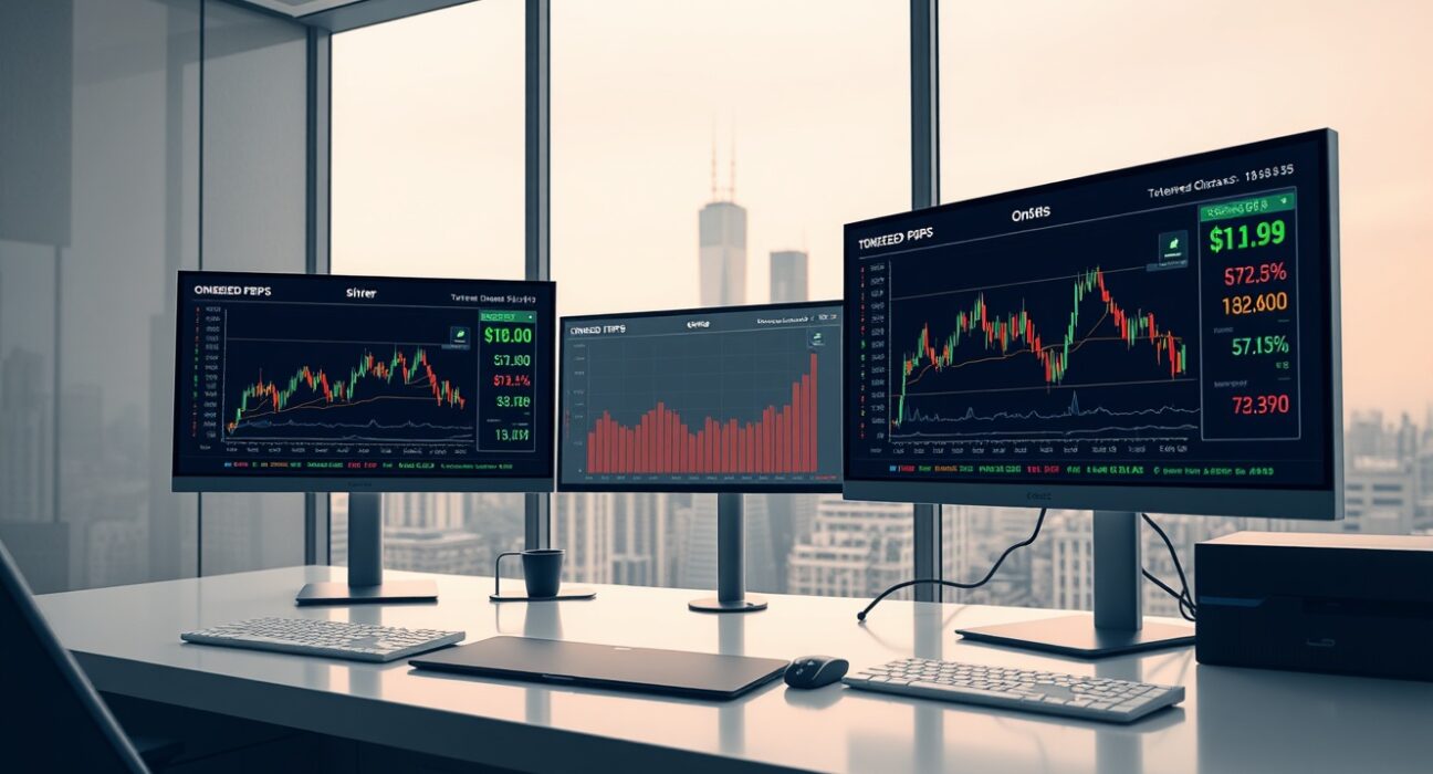 Trading desk monitors showing Ondo Perps platform with tokenized asset price charts