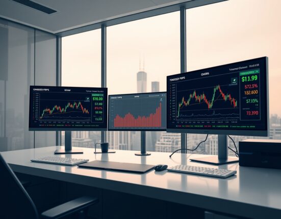 Trading desk monitors showing Ondo Perps platform with tokenized asset price charts