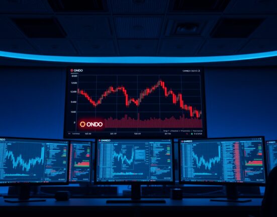 Ondo Finance ONDO token price chart on a trading dashboard with downward trend