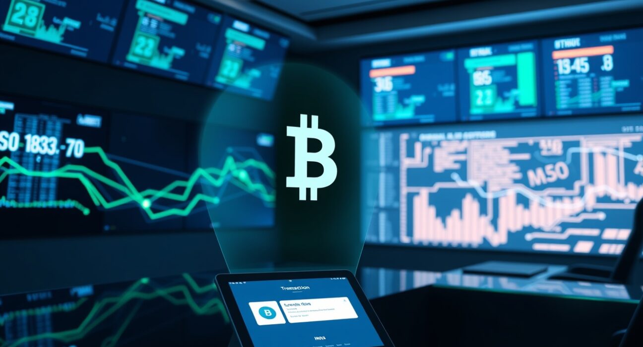 Digital screens showing blockchain transaction data and a holographic U.S. Treasury bond in a modern financial control room.