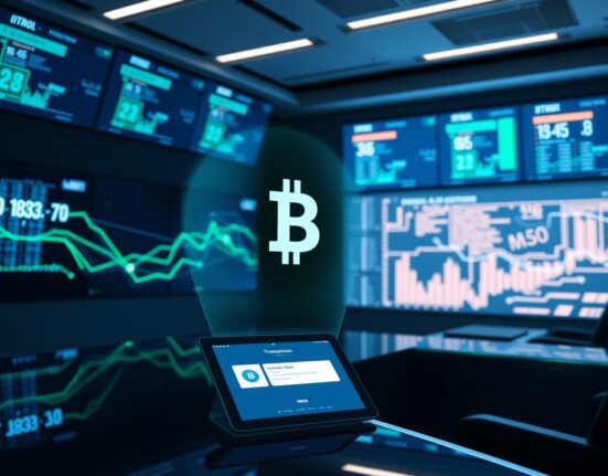 Digital screens showing blockchain transaction data and a holographic U.S. Treasury bond in a modern financial control room.