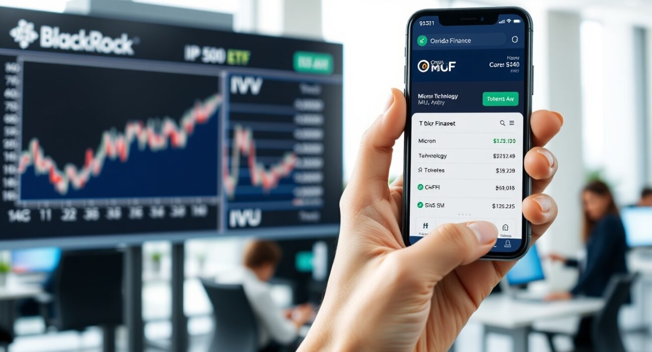 Ondo Finance tokenized securities app on smartphone with BlackRock ETF and Micron stock data on display