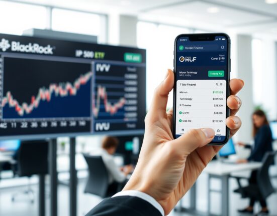 Ondo Finance tokenized securities app on smartphone with BlackRock ETF and Micron stock data on display