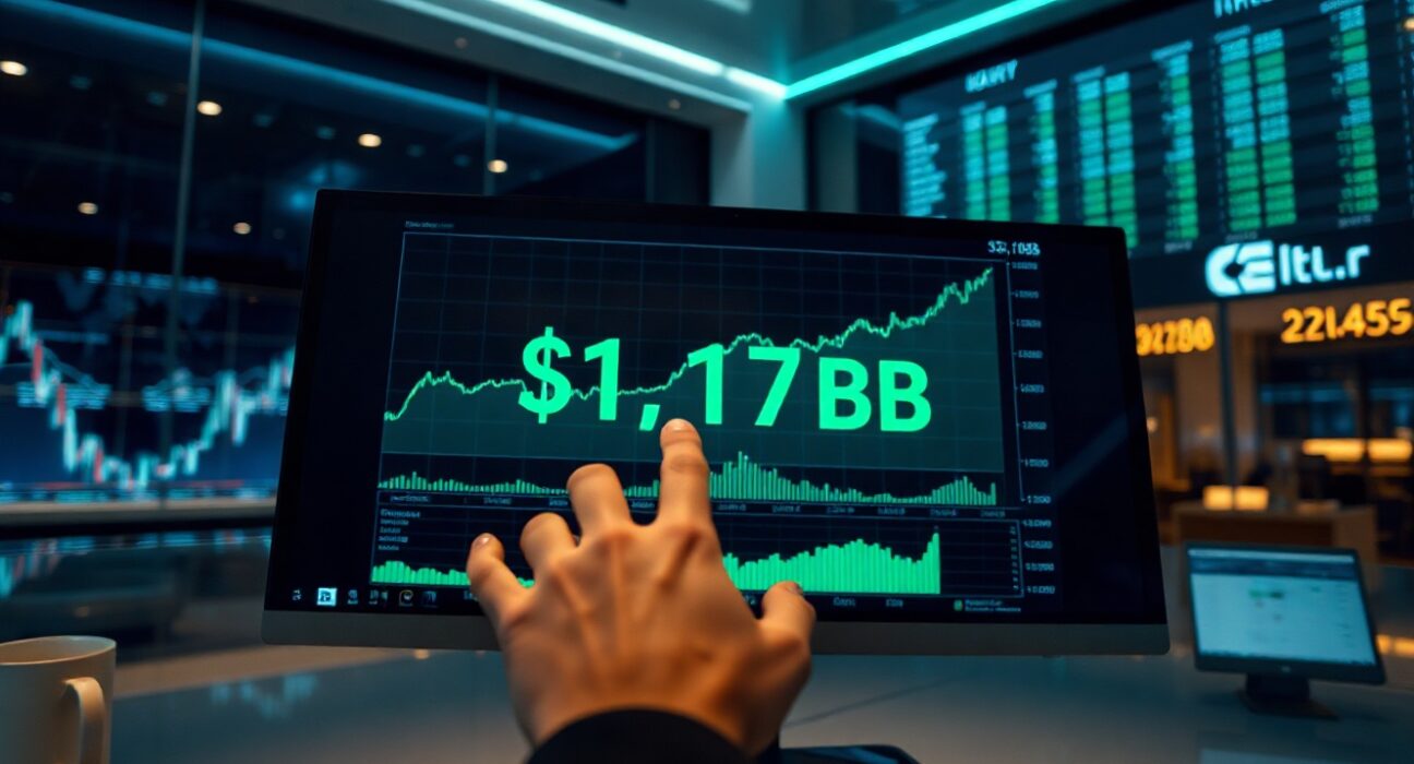 Digital dashboard showing Ondo Finance tokenized stock TVL reaching $1.17 billion all-time high with an upward trend chart.