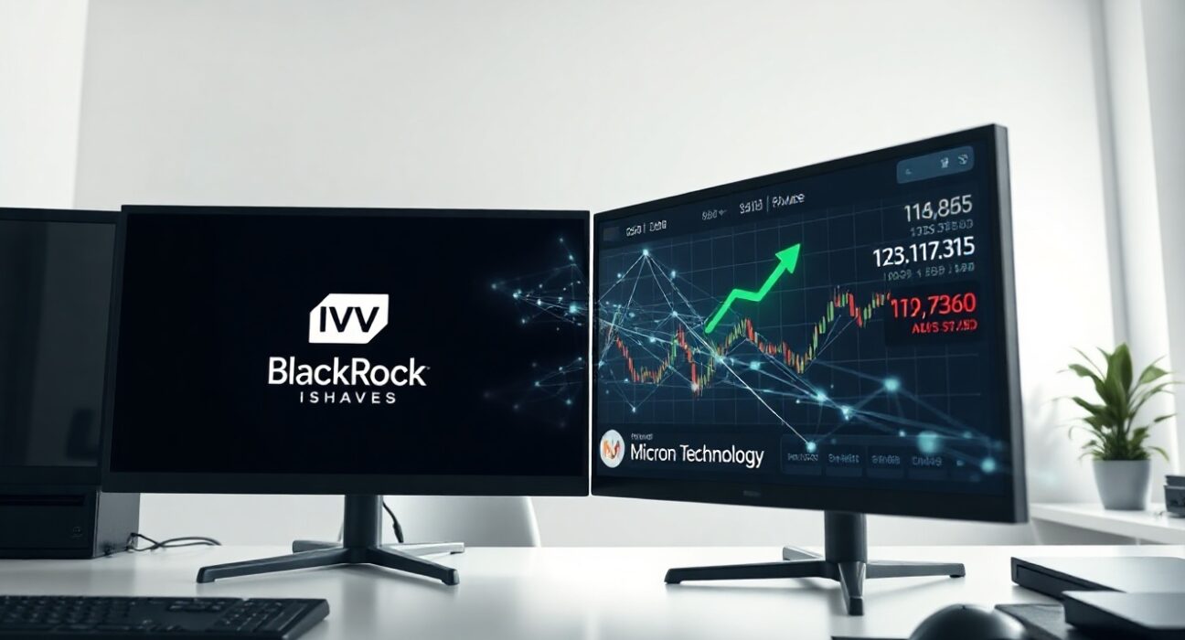 Ondo Finance tokenization platform showing BlackRock IVV ETF and Micron stock on trading monitors