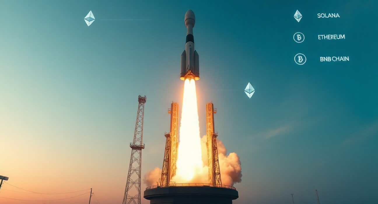 SpaceX rocket launch with digital blockchain overlay representing tokenized stock trading