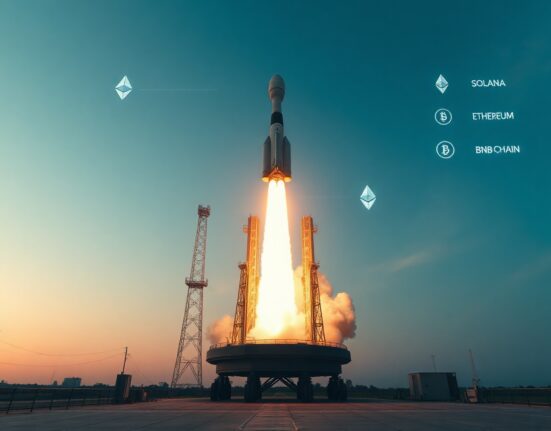 SpaceX rocket launch with digital blockchain overlay representing tokenized stock trading