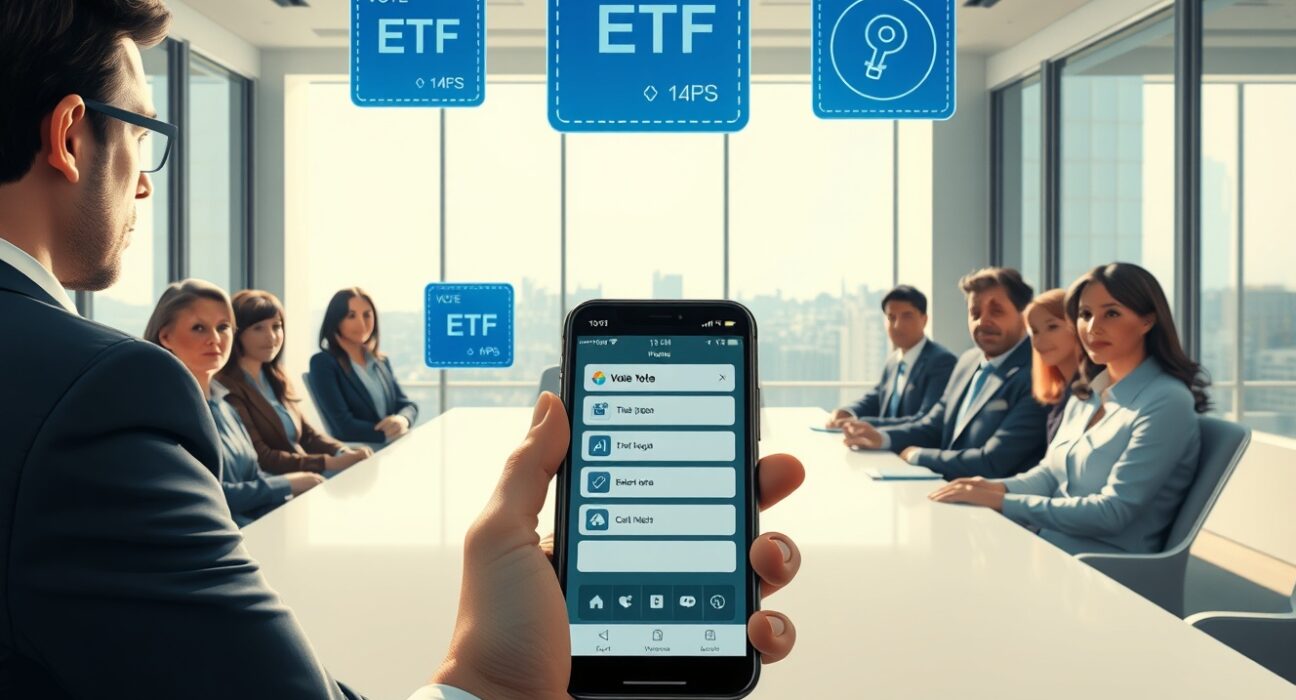 Ondo Finance tokenized stock voting rights illustration with holographic stock certificates and ETF symbols in a boardroom