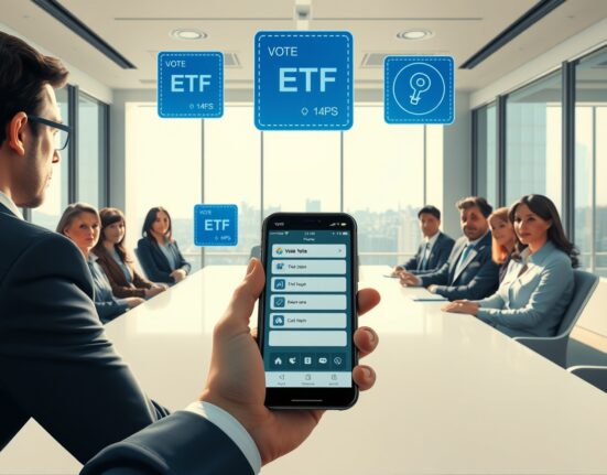 Ondo Finance tokenized stock voting rights illustration with holographic stock certificates and ETF symbols in a boardroom