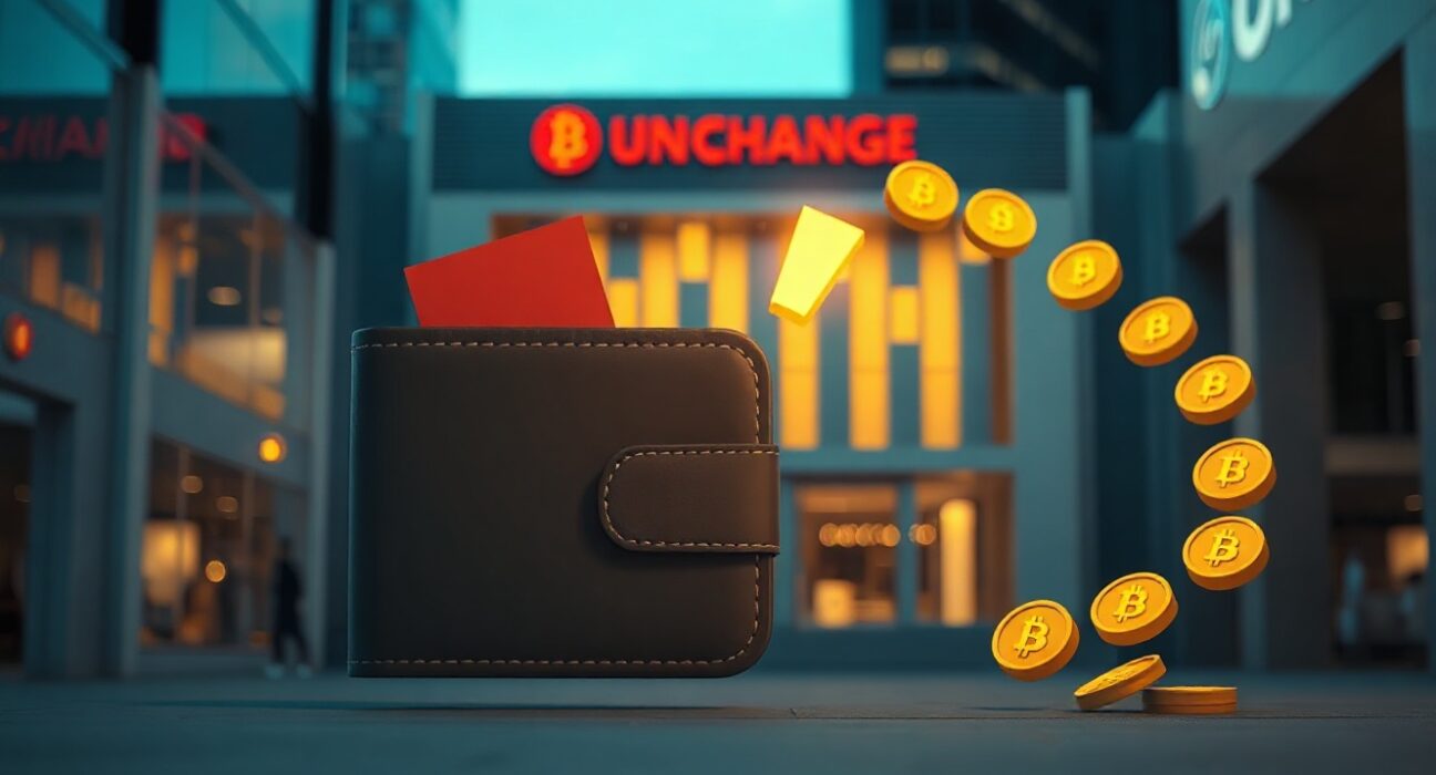 Digital multisig wallet icon transferring ONDO tokens to an exchange building in a modern financial district at dusk
