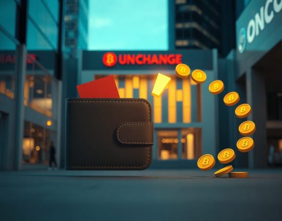 Digital multisig wallet icon transferring ONDO tokens to an exchange building in a modern financial district at dusk