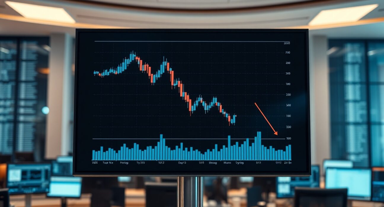 Digital trading screen showing a declining candlestick chart, reflecting market uncertainty for Ondo (ONDO) amid regulatory delays.
