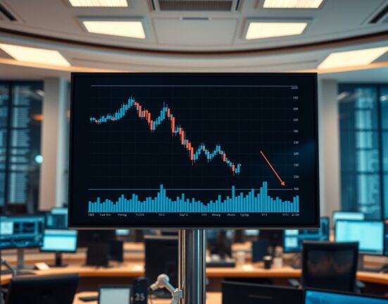 Digital trading screen showing a declining candlestick chart, reflecting market uncertainty for Ondo (ONDO) amid regulatory delays.