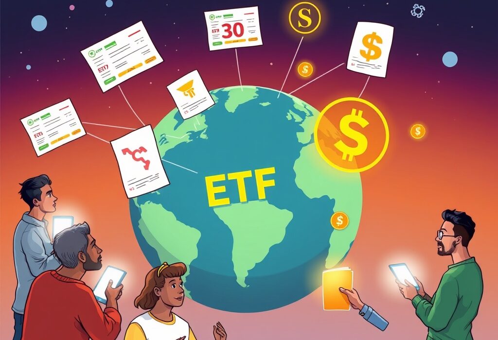 A cartoon illustration showing global investors accessing tokenized stocks and ETFs via blockchain technology, highlighting Ondo Finance's innovation.