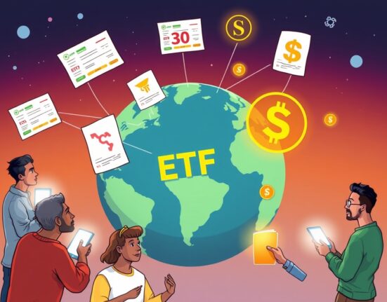 A cartoon illustration showing global investors accessing tokenized stocks and ETFs via blockchain technology, highlighting Ondo Finance's innovation.