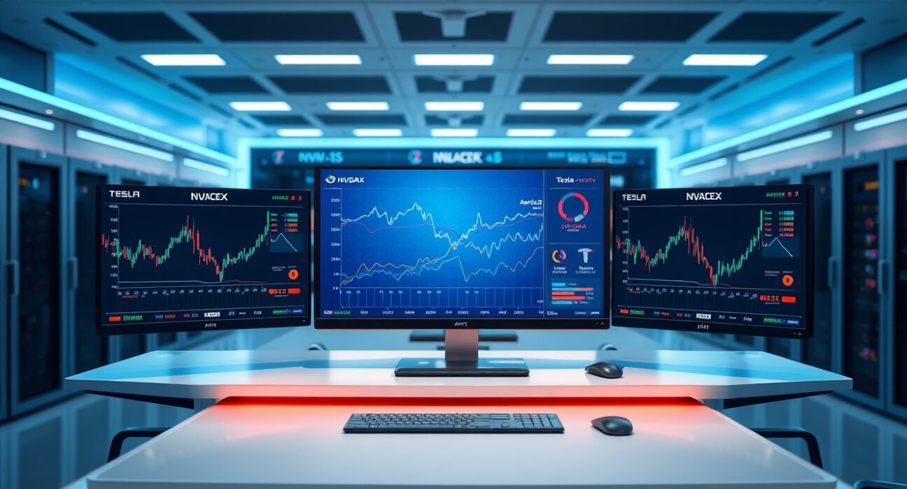 AI trading screens showing tokenized stock charts for Apple, Tesla, Nvidia, and SpaceX