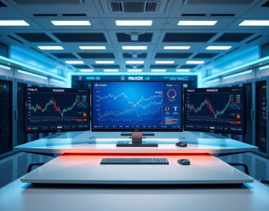 AI trading screens showing tokenized stock charts for Apple, Tesla, Nvidia, and SpaceX