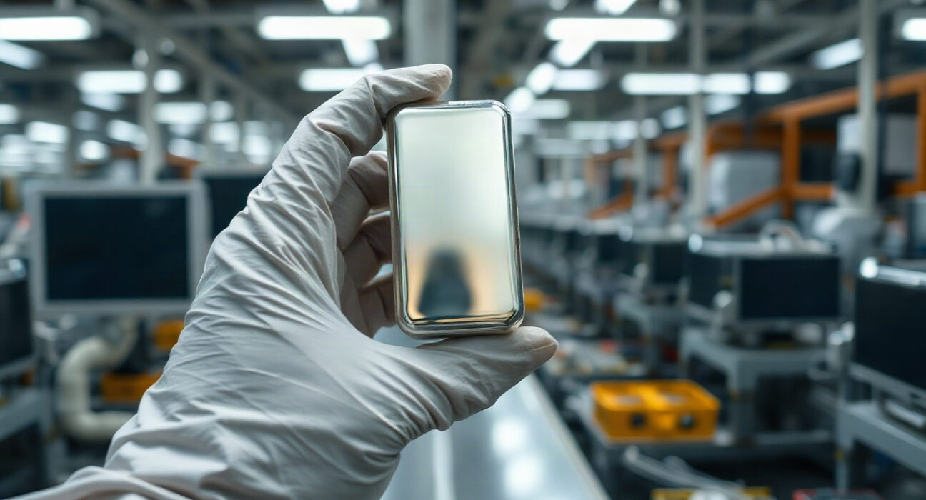 Close-up of a silver ingot held in a gloved hand inside an electronics factory, representing industrial silver demand.