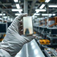 Close-up of a silver ingot held in a gloved hand inside an electronics factory, representing industrial silver demand.