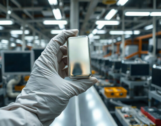 Close-up of a silver ingot held in a gloved hand inside an electronics factory, representing industrial silver demand.