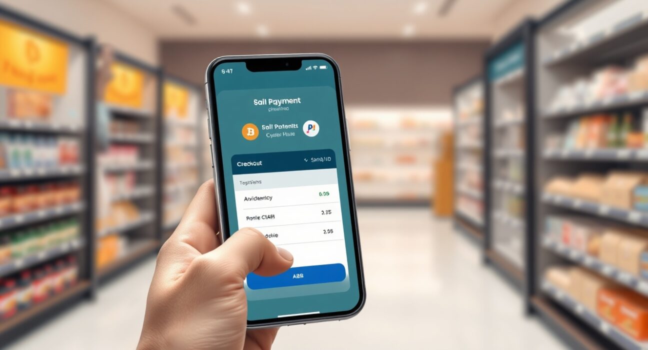 Smartphone displaying One Pay checkout with SUI, POL, and ARB cryptocurrency payment options.