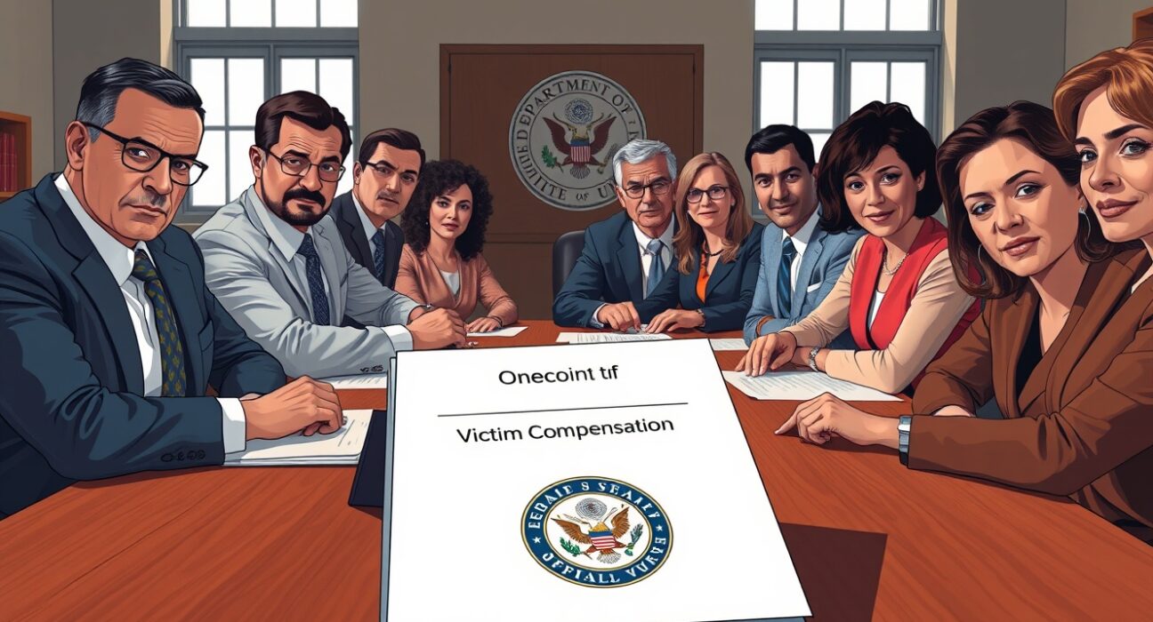 US Department of Justice officials review the OneCoin victim compensation process documents.